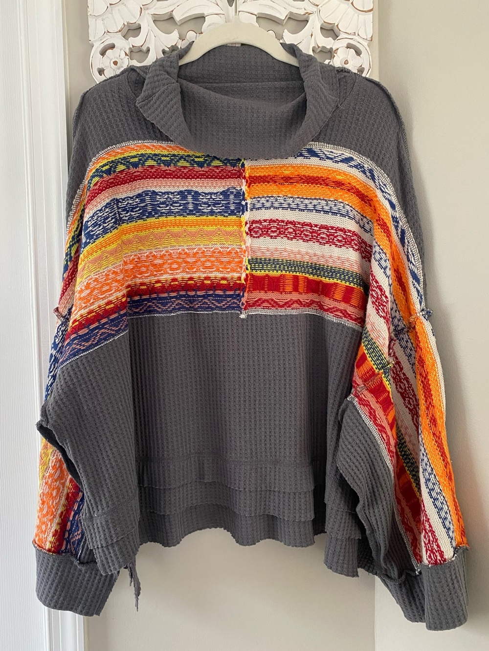Free People Waffle Knit Blouse Top Western Oversized Mock Neck Boho Cabincore